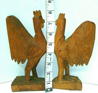 Antique Folk Art Primitive Hand Carved Wood Rooster Chicken Statue 2 Figurines