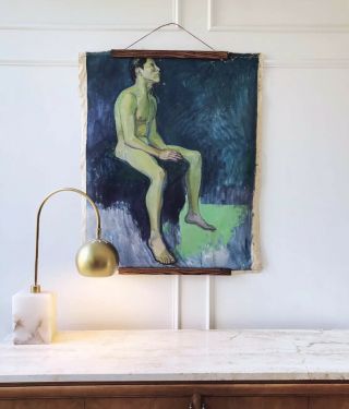 50s Vintage Mid Century Expressionist Oil Painting Nude Male Portrait Blue Green