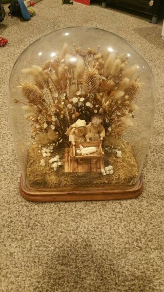 Old Vintage Glass Display Dome Cloche W/wood Base For Christmas Display