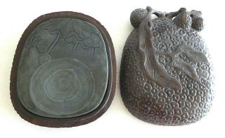Unique Vintage Chinese Brush Calligraphy Inkwell Stone In Carved Fruit Case