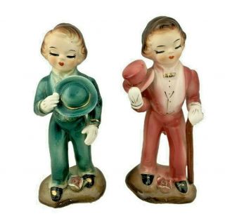 Vintage Japan Porcelain Figurines - Boy In Pink Suit & Boy In Green Suit - 5 "