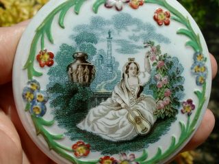 Antique,  " Lady With Guitar " Rated Rare,  Small Size Prattware Pot Lid.  Excl Cond