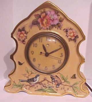 Vintage Antique Porcelain Electric Shelf Clock Hand Painted Birds & Flowers