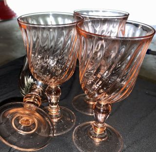 Vintage Pink Rosaline Swirl Glass Water Goblet Stemware France - Set Of 4