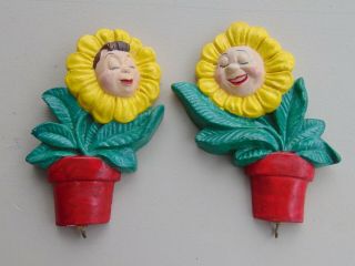 Vintage Male&female Hand - Painted Sunflowers Wall Hangings Chalkware With Hooks
