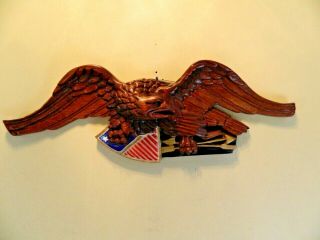 Vintage 1968 Signed Hand Carved Wall Mount American Eagle With Painted Shield