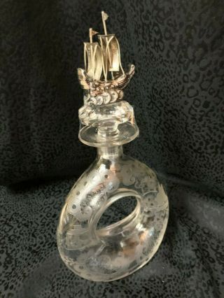 Ship Theme Etched Glass And Silver Decanter - Very Decorative Ship Stopper