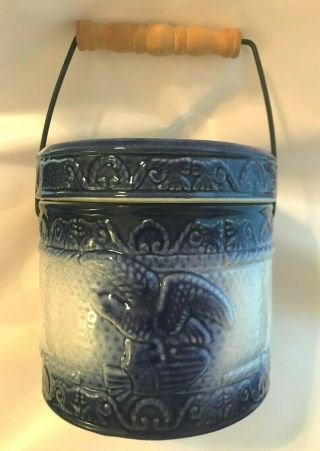 Salt Glazed Blue & White Stoneware Eagle Crock W/ Lid,  Wire & Wood Handle Euc