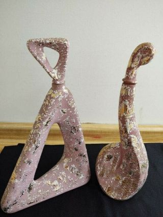 Two Large Mcm 1950s Ceramic Mauve Bottles With Textured Finish/funky Stoppers
