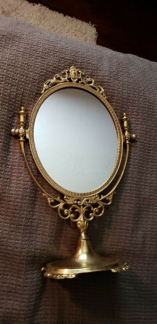 Vintage Ornate Brass Vanity/dresser Swivel Tilt One - Sided Mirror