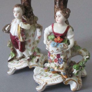 Pr Antique 19thc Chelsea Derby Porcelain Candlesticks Boy,  Girl Bocage Flowers