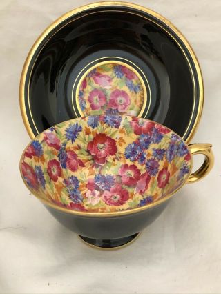 Royal Winton Vtg.  Tea Cup And Saucer Royalty Chintz Black With Flowers Best Gold