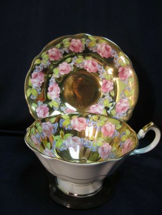 Vtg Queen Anne Bone China Teacup Saucer Set Gold Pink Blue Floral England B