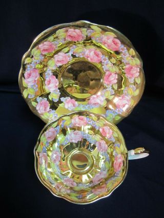 Vtg Queen Anne Bone China Teacup Saucer Set Gold Pink Blue Floral England B 2