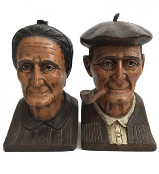 Old Basque Couple Man & Woman Hand Carved Wood Bookends J.  Alberdi Unsigned