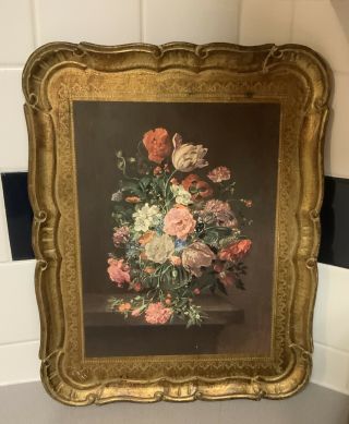 Vintage Large Italian Florentine Gilt Tole Wood Tray Floral With Gold 15”x12”