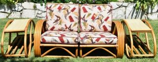 Vintage Paul Frankl Style Rattan Bamboo Sofa Couch,  2 Pretzel End Tables