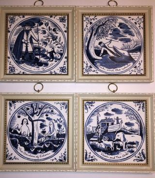(4) Berggren Traynor Vtg Delft Blue & White Framed Tiles Old Testament Theme