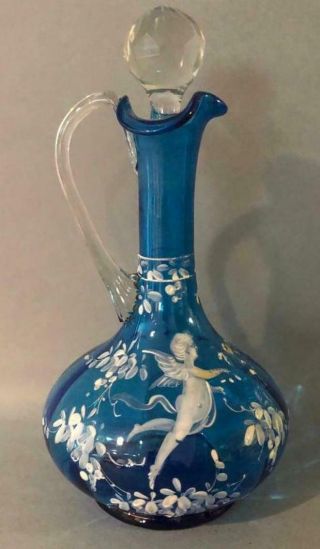 Antique Mary Gregory Ewer Cobalt Blue Moser Glass Victorian Decanter Cherub 1870