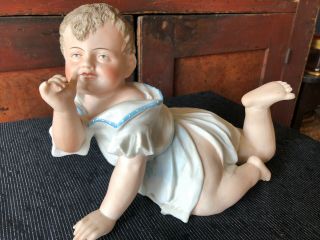 Antique German Porcelain Piano Baby Large Crawling Sucking Thumb 9” Doll Heubach