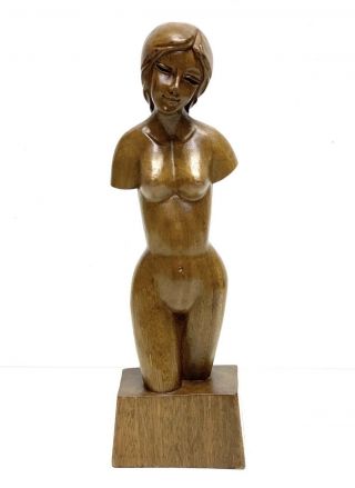 Vintage Hand Carved Nude Female Torso Bust Sculpture Art Solid Teak Wood 15 