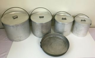 Vintage Ww2 1944 Us Military Mess Stock Pot Set Of 4 Aluminum Pots W/skillet