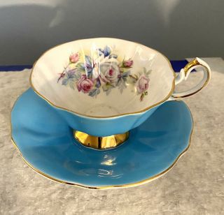 Queen Anne Bone China Cup & Saucer Blue W/ Roses