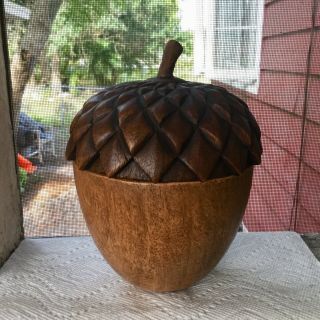 Vintage Large 8” Wood Carved Acorn Box Container Tea Caddy Brown Rustic Decor