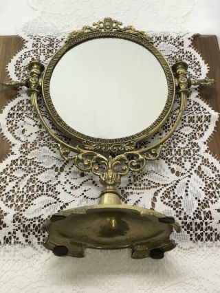 Antique Vtg Pedestal Vanity Mirror Swivel Tilt Ornate Brass Victorian Art Deco