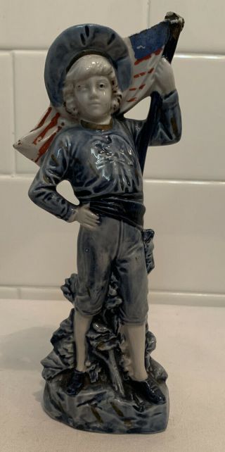 Antique Vintage American Patriotic Bisque Figurine Flow Blue Boy Eagle Flag 1900