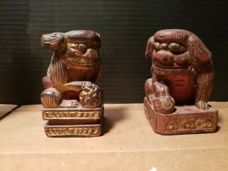 Pair Small Antique Foo Lion Dog Asian Wood Carving From A Temple