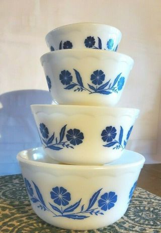Vintage Set Of 4 Hazel Atlas Blue Corn Flower Mixing Bowls