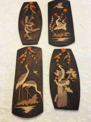 4 Vintage Wood Relief Carving Panels Wall Art Hanging Birds