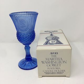 Avon Fostoria Glass Martha Washington Cobalt Blue Goblet Candle Holder 8 " W/box