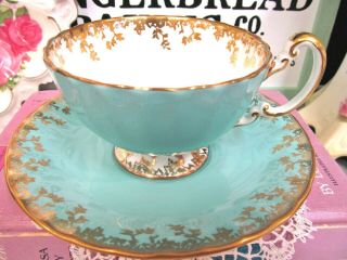 Aynsley Oban Tea Cup And Saucer Sea Foam Green Teacup Gold Gilt England 1930s