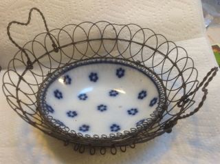 Antique Late Victorian Wire Basket With Flow Blue Dot Dish 8.  75 " Dia.