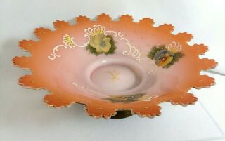 Antique Victorian Hand Painted Art Glass Bride Bowl Scalloped Rim Edge
