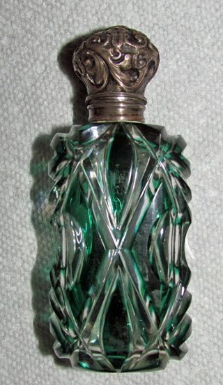 Antique 1880 Green Overlay Glass Perfume Scent Bottle W/ Silver Lid & Stopper