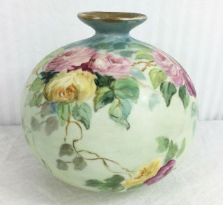 Antique C 1900 Hand Painted Roses Floral Globe Vase Green Pinks Yellow Round