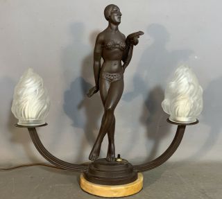 Vintage Art Deco Style Bronzed Spelter Nude Lady Old Dancer Statue Figural Lamp
