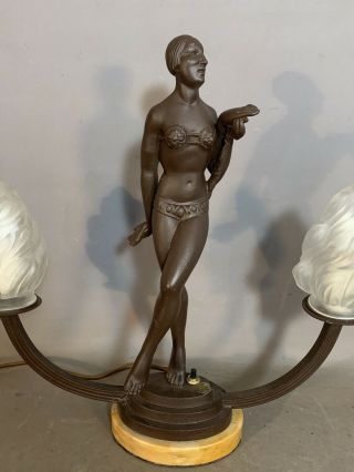 Vintage ART DECO Style BRONZED Spelter NUDE LADY Old DANCER STATUE Figural LAMP 2