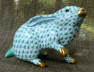 Vintage Herend 5335 Bunny Rabbit Green Fish Net Paw Up Figurine Hungary