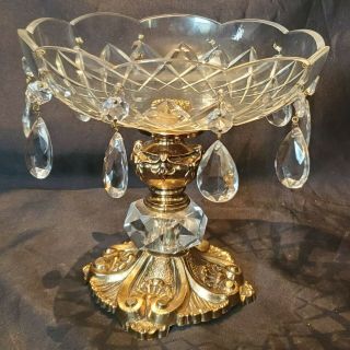 Vtg Hollywood Regency Ornate Gold Crystal Prism Jewel Compote Pedestal Bowl