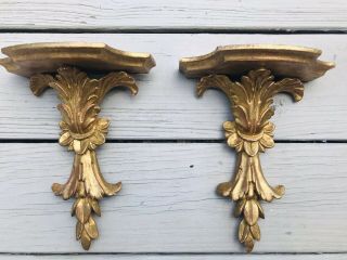 Pr 2 Ornate Wood Carved Gold Gilt Florentine Tole Wall Sconce Shelves Made Italy