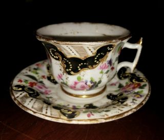 Antique 19th Century Cup & Saucer Old Paris Style Handpainted Porcelain