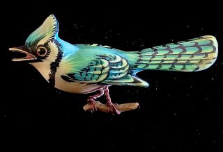 Vintage Authentic Takahashi Blue Jay Bird Pin Hand Painted Carved Wood 2.  5 - 2.  75”