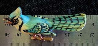 Vintage Authentic TAKAHASHI Blue Jay Bird Pin Hand Painted Carved Wood 2.  5 - 2.  75” 3
