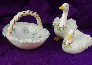 Vintage Irish Dresden Porcelain Flower Basket & Christmas Geese Ducks