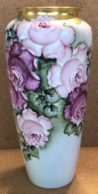 Antique Hand Painted Roses Rosenthal Selb Bavaria Porcelain Vase 10 - 1/2” Tall