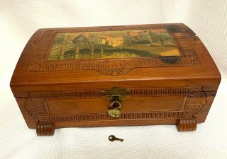 Vintage Carved Cedar Wood Jewelry Box With European Country Scene 10.  5 X 6.  5x4